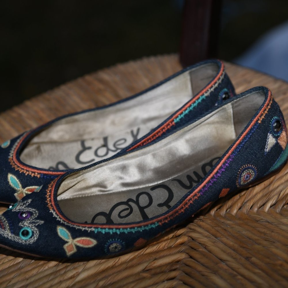 Sam Edelman Denim Flats, Gemstones, 8.5